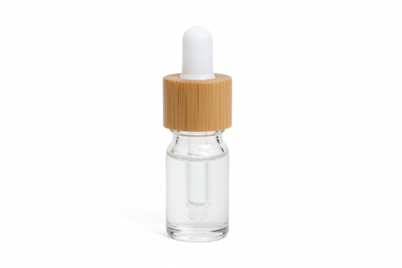 Glass clear 5ml round dropper bottle with a wooden cap on a white background