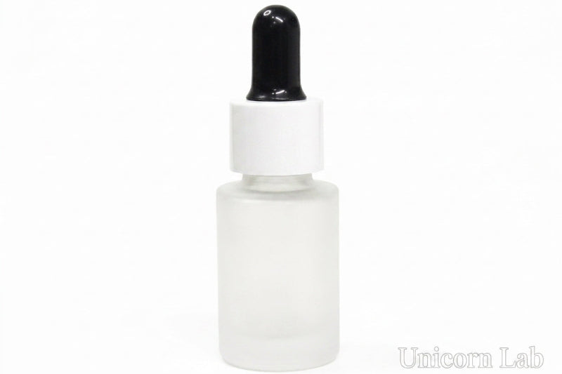 A frosted glass dropper bottle with a white collar and a black rubber-and-plastic dropper top, shown on a plain white background. A faint 'Unicorn Lab' watermark is visible in the bottom right corner.