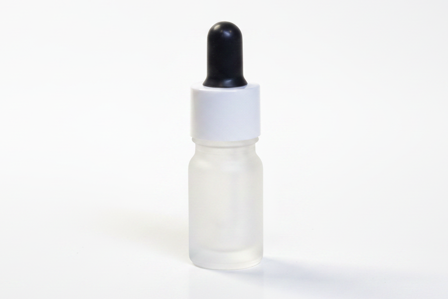 Frosted 5ml round dropper bottle with a black cap on a white background