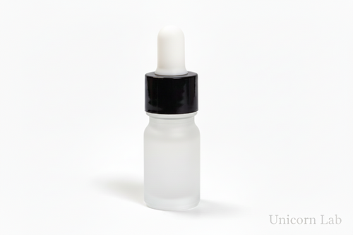 Frosted glass 5ml round dropper bottle with a white cap on a white background