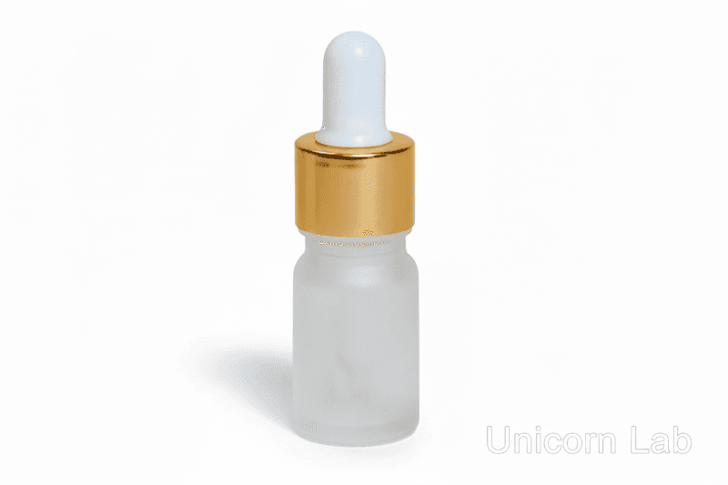 Frosted glass 5ml round dropper bottle with gold cap on a white background