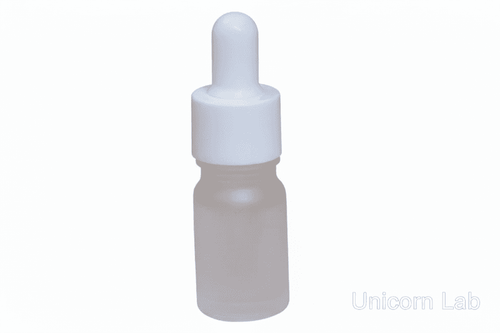 Frosted 5ml round dropper bottle with white cap on a white background