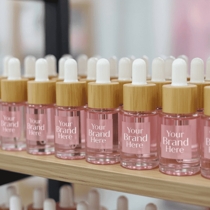 Row of pink bottles with wooden caps on a shelf, ready for branding.