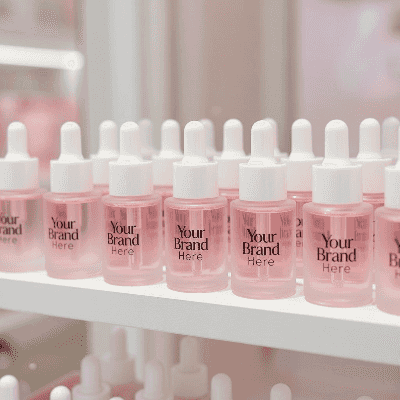 Row of pink skincare bottles with white caps on a shelf, ready for branding.