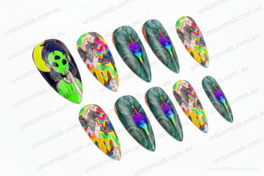 Acid Alien waterslide decal displayed on short almond shaped nails - Unicorn Lab