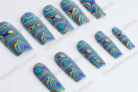 Acid Holo Waterslide Decal displayed on a set of square nails - Unicorn Lab
