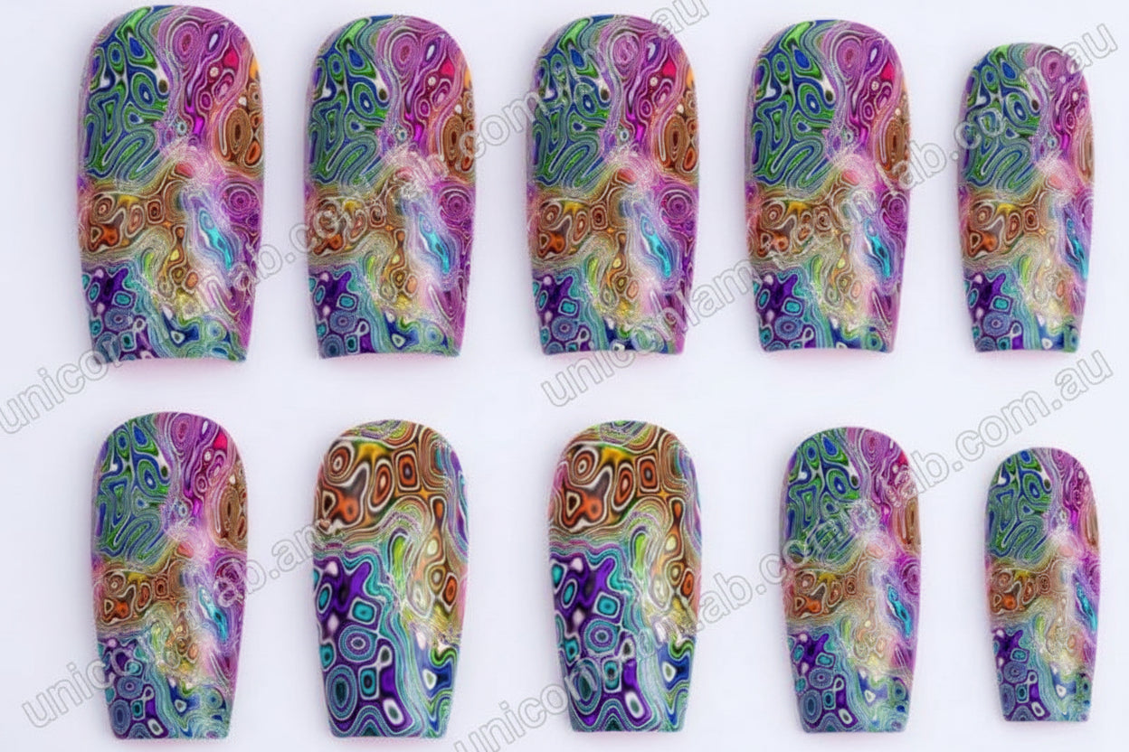 Acid Ring Waterslide Decal displayed on square nails - Unicorn Lab