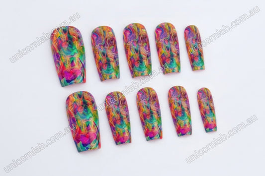 Multi coloured Acid Trip waterslide decal displayed on short square nails - Unicorn Lab