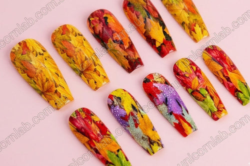 Autumn leaves waterslide decal on coffin nails - Unicorn Lab