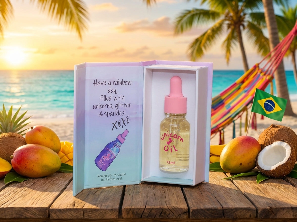 Unicorn oil bottle with a pink dropper in a gift box on a beach setting with fruits and a hammock.