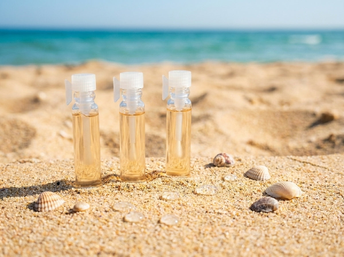 Three small bottles with a beige liquid on a sandy beach with shells and ocean in the background.