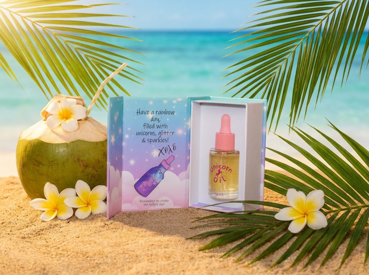 Product packaging with a bottle and box on a beach setting with coconut and flowers.