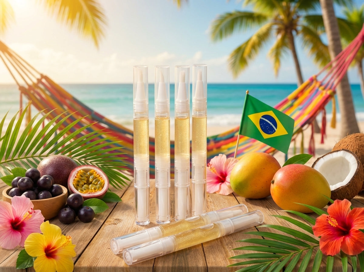 Beach scene with tropical fruits, hammock, and Brazilian flag on a wooden table.