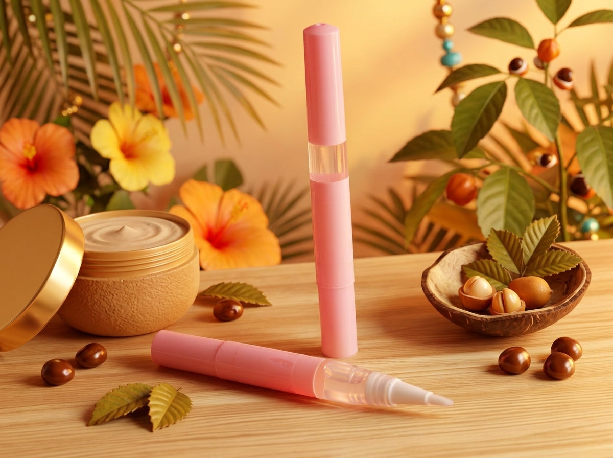 Pink pen-like device on a wooden surface with decorative elements