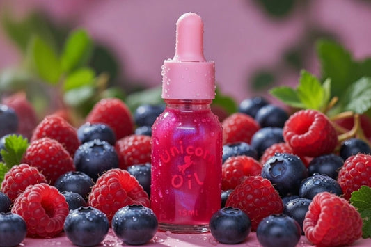 15ml glass dropper bottle of Berry Naughty Unicorn Cuticle Oil featuring shimmering berry-scented oil and a boutique label.