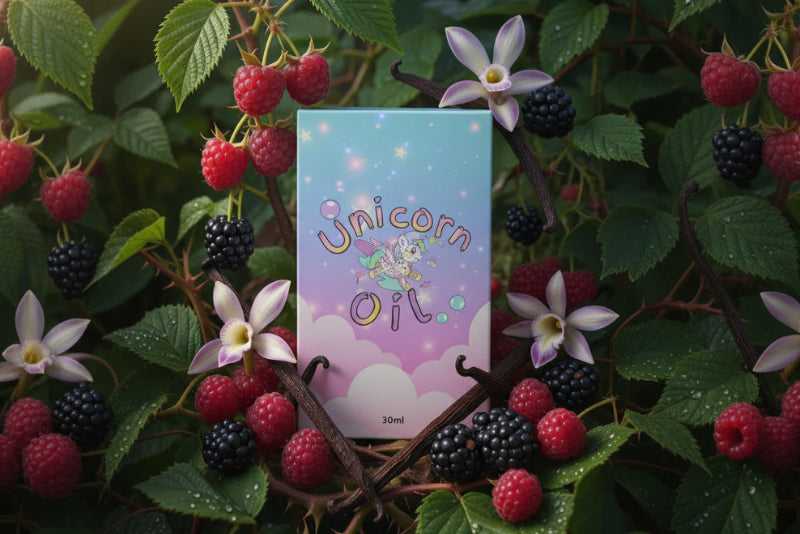 Black Raspberry Vanilla luxury nail serum in a 15ml bottle, housed in a magnetic close luxury style box. Nestled into raspberry bush.