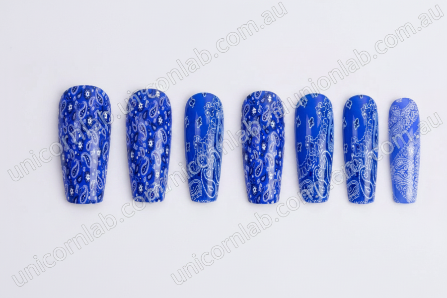 Set of blue and white bandana waterslide nail art decal on coffin nails - Unicorn Lab