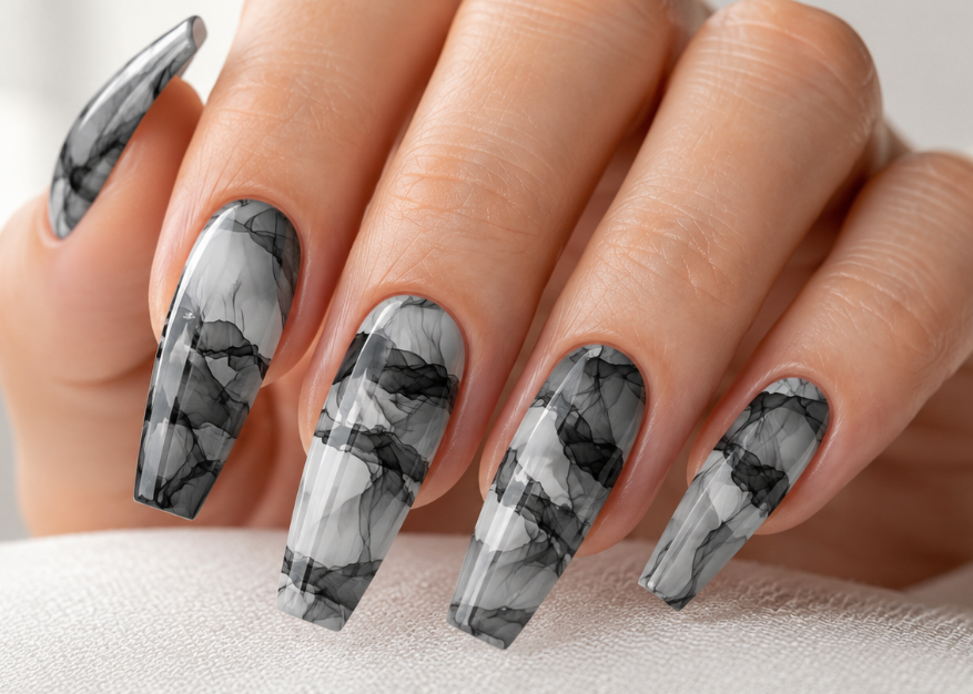 Hand with marble-patterned nails on a neutral background