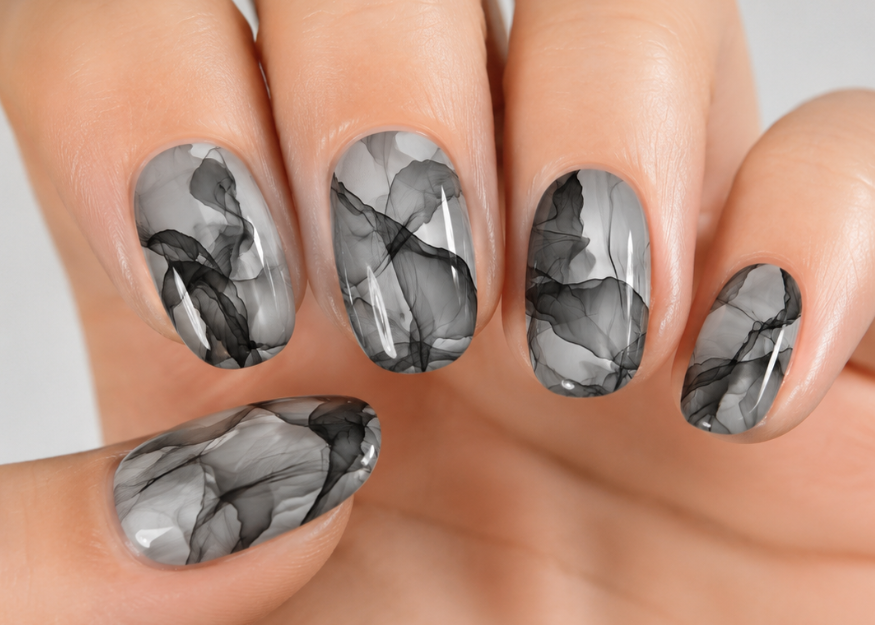 Nails with black and gray marble design on a neutral background
