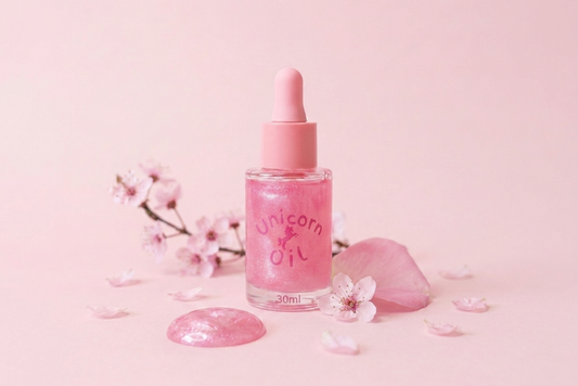 Pink bottle labeled 'Unicorn Oil' with cherry blossoms on a pink background