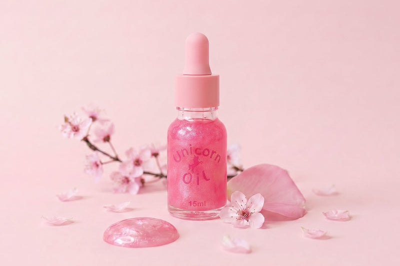 Pink bottle labeled 'Unicorn Oil' with cherry blossoms on a pink background