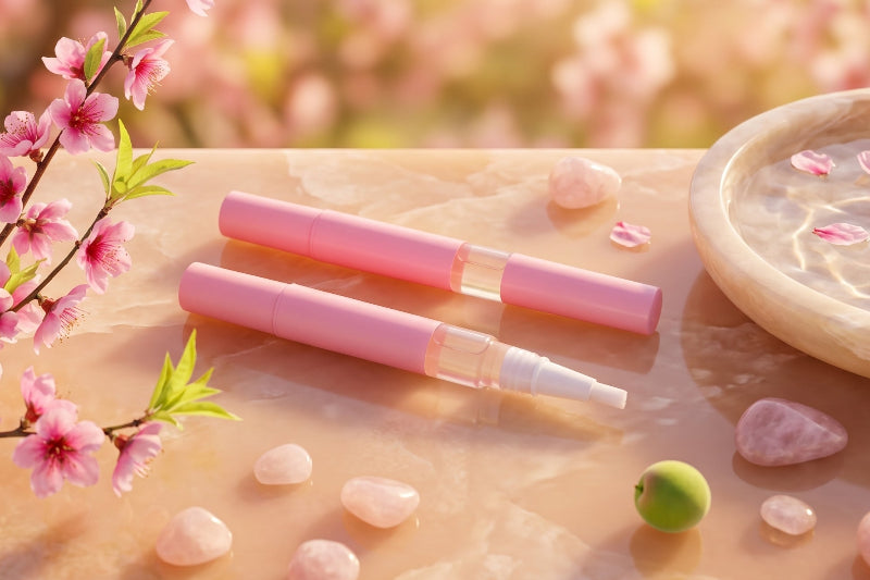 Two pink scented cuticle oil pens on a wooden surface with cherry blossoms and pebbles. Australian made scented nail serums
