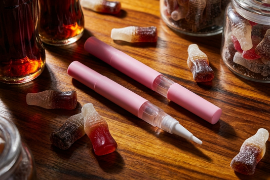 Pink cola bottled scented cuticle oil pen with gummy candies on a wooden surface