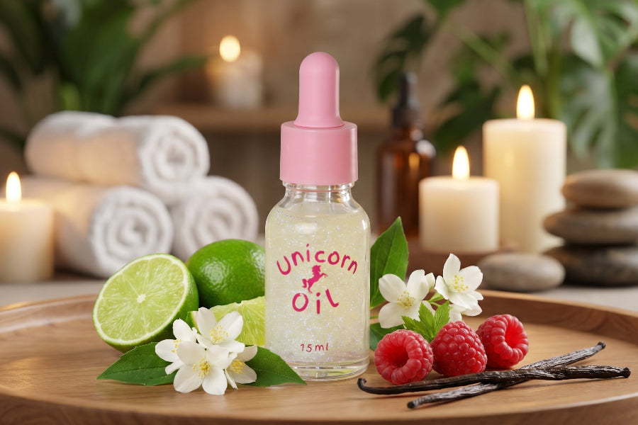 Bottle of cuticle Oil with a pink dropper on a wooden surface with limes, flowers, and candles in the background.