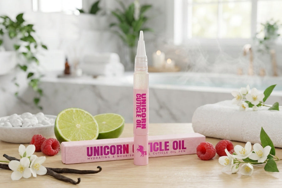 pink cuticle oil pen product on a table with lime, raspberries, and flowers in a bathroom setting