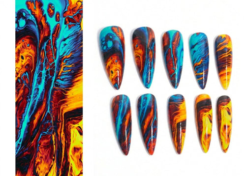 Colorful nail art design with abstract patterns on a white background