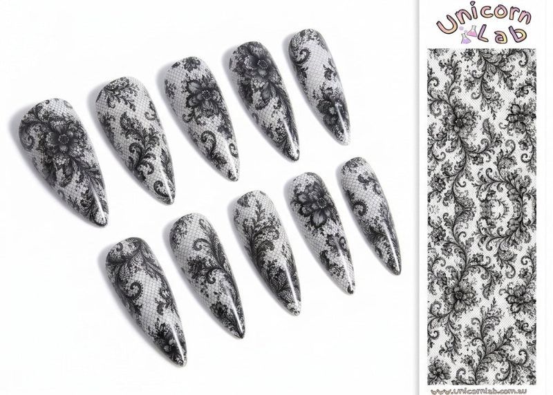 Decorative nail art sheets with black floral patterns on a white background, branded 'Unicorn Lab'.