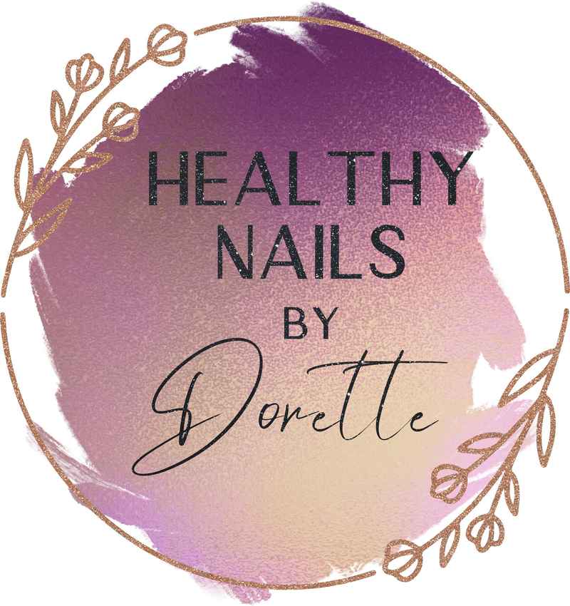 Logo for 'Healthy Nails by Dorette' with a purple and pink gradient background and decorative elements.