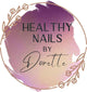 Logo for 'Healthy Nails by Dorette' with a purple and pink gradient background and decorative elements.