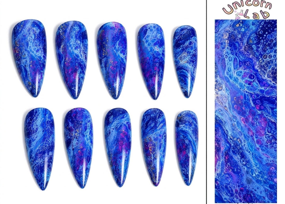Set of blue marbled nail art designs with a close-up detail on the right, branded 'Unicorn Lab'.
