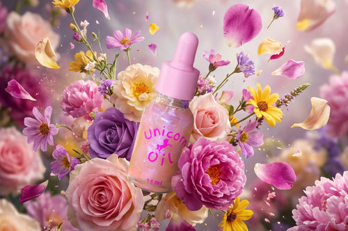 A pink dropper bottle labeled 'Unicorn Oil' surrounded by a dense arrangement of pink, purple, yellow, and peach flowers with petals floating around it on a soft pastel background.