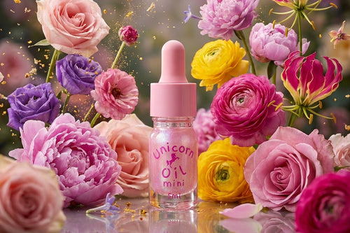 A small pink dropper bottle labeled 'Unicorn Oil mini' surrounded by colorful flowers, including pink, purple, and yellow blossoms, with gold confetti and petals floating in a soft, dreamy setting.