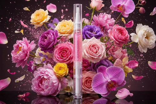 A clear cylindrical lip gloss tube filled with pink shimmering gloss, standing upright in the center of a dramatic floral arrangement of pink, purple, yellow, and white roses with falling petals on a dark reflective background.