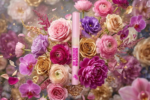 A pink cosmetic tube labeled 'UNICORN BRIGHTER PINK' centered within a dense floral arrangement of pink, purple, peach, and gold-toned flowers with gold leaf confetti.