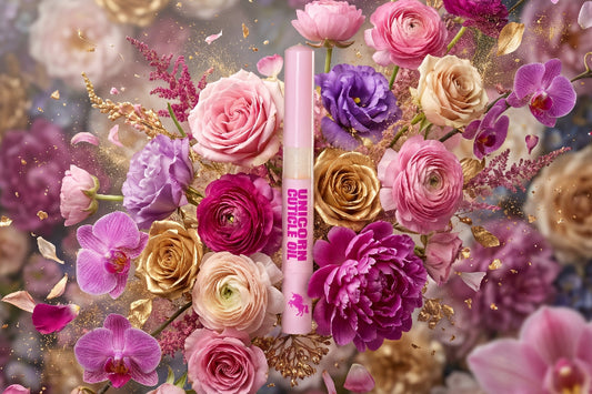 A pink cosmetic tube labeled 'UNICORN BRIGHTER PINK' centered within a dense floral arrangement of pink, purple, peach, and gold-toned flowers with gold leaf confetti.