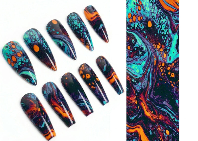 Colorful nail art designs on nails and a matching abstract painting.