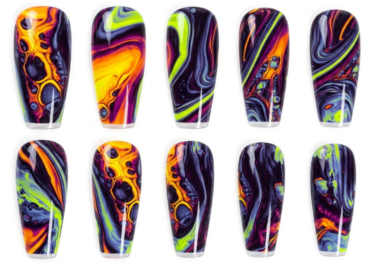 Colorful nail art designs on a white background