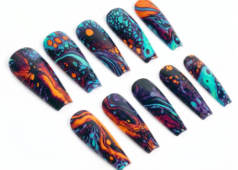 Colorful nail art designs on a white background