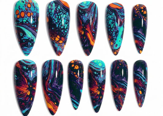 Set of colorful nail art designs on a white background