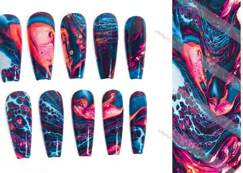 Colorful nail art designs with a marbled effect on a white background.