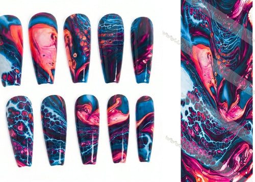 Colorful nail art designs with a marbled effect on a white background.