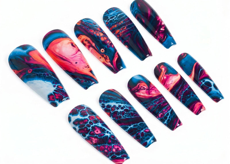 Colorful nail art designs on a white background