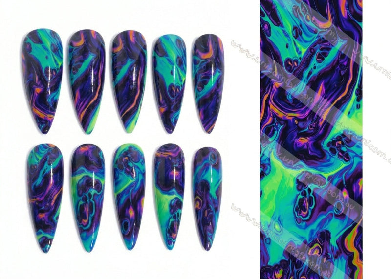 Colorful nail art designs on nails and a swatch.
