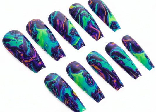 Set of colorful nail art designs on a white background