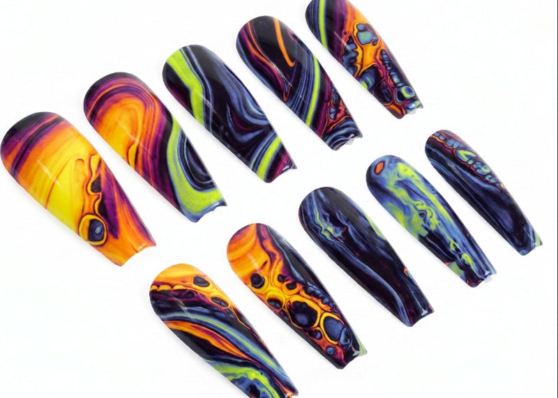 Colorful nail art designs on a white background