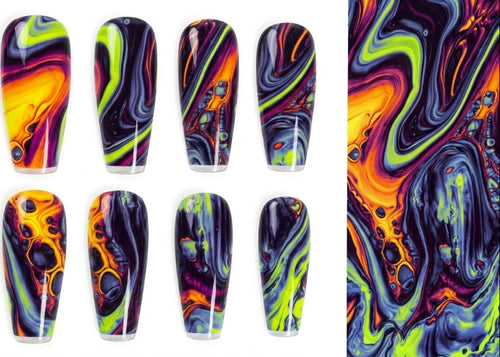 Colorful nail art designs on a white background